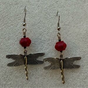 Dragonfly Earrings with Red Coral Ginger-Jar Shaped Bead Accents